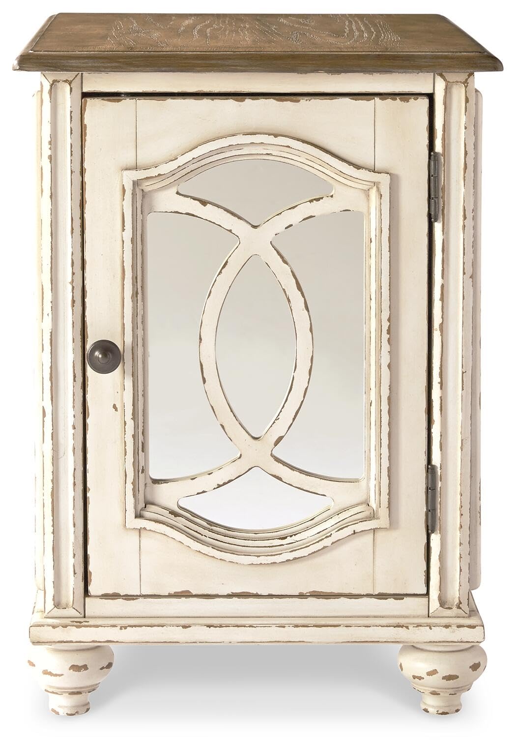 Signature Design by Ashley Realyn Chairside End Table, Living Room Side Table, Antique Two-Tone Mirrored Door, Ash Veneer, Wood and Engineered Wood, White/Brown, 18"W x 24"D x 25"H