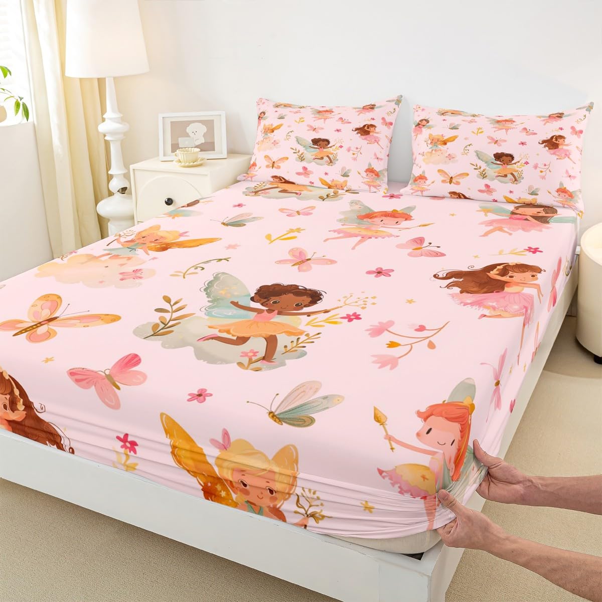 Erosebridal Pink Fairy Twin Fitted Sheet - Butterfly Floral Cute Bedding Set for Girls Kids, Fairies Garden Flowers Bottom Sheets Only | Aesthetic Flower Princess Bed Set 2 Piece Bedroom Decor