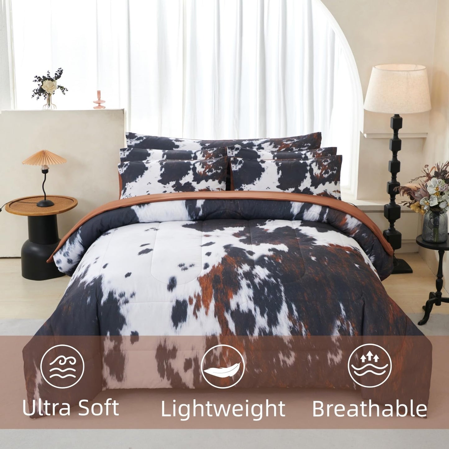 SUCSES Cow Print Comforter Sets Full Size 8 Pieces Brown Bedding Set Farmhourse Western Rustic Bed Set Black and White Bed in A Bag with Flat Fitted Sheet
