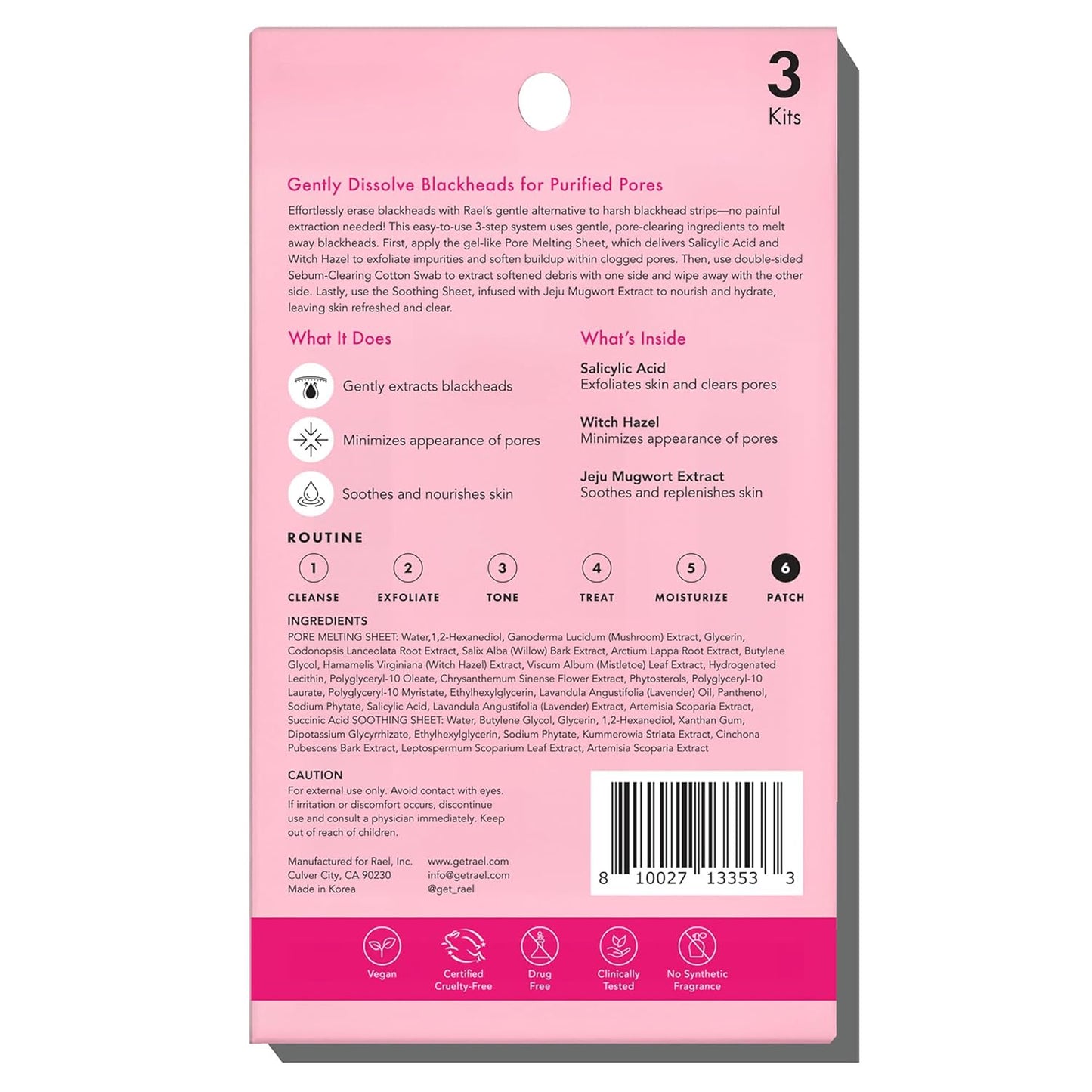 Rael Blackhead Remover, Miracle Patch Melting Pack, Nose Strips for Blackheads, Pore Cleansing and Soothing Sheets, 3 Step Kit, Sebum Removing Cotton Swabs, Dermatologist Tested