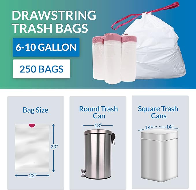 6-10 Gallon Trash Bags Drawstring | 250 Count | 22"x23" | 6, 10 Gallon