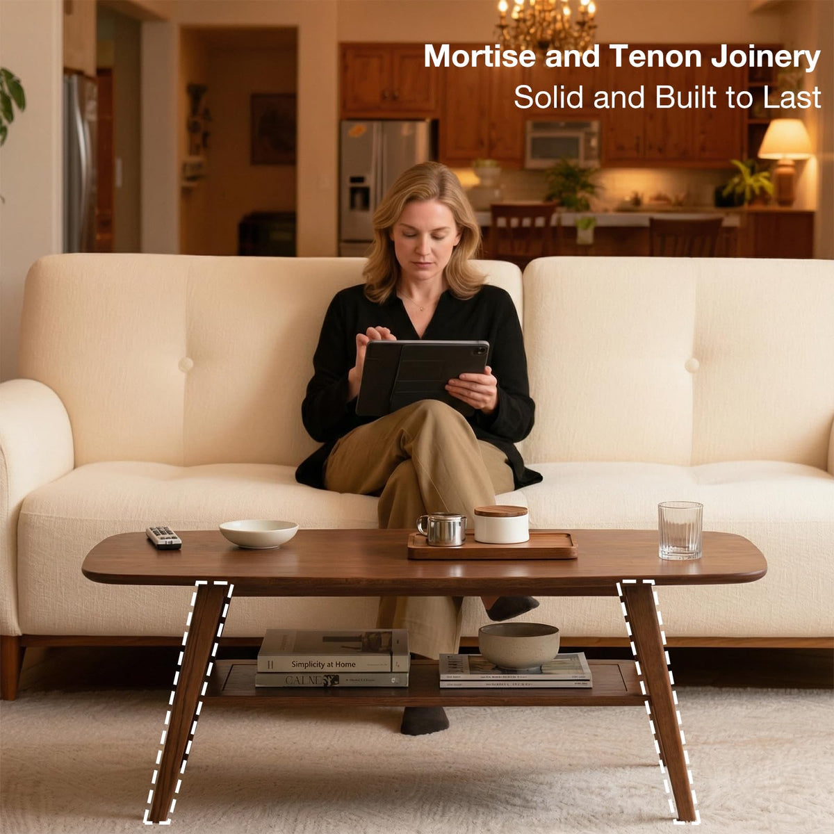 Bamskov Mid Century Modern Coffee Table: 100% Solid Wood Coffee Table - 2-Tier Storage Design - Space Saving Small Coffee Tables for Living Room, Apartment (Walnut, 31.49")