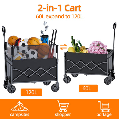 Festival Trolley on Wheels Utility Collapsible Wagon Cart Adjustable Handle for Shoppings Campings Gardenings and Outdoor Sports 120L Capacity