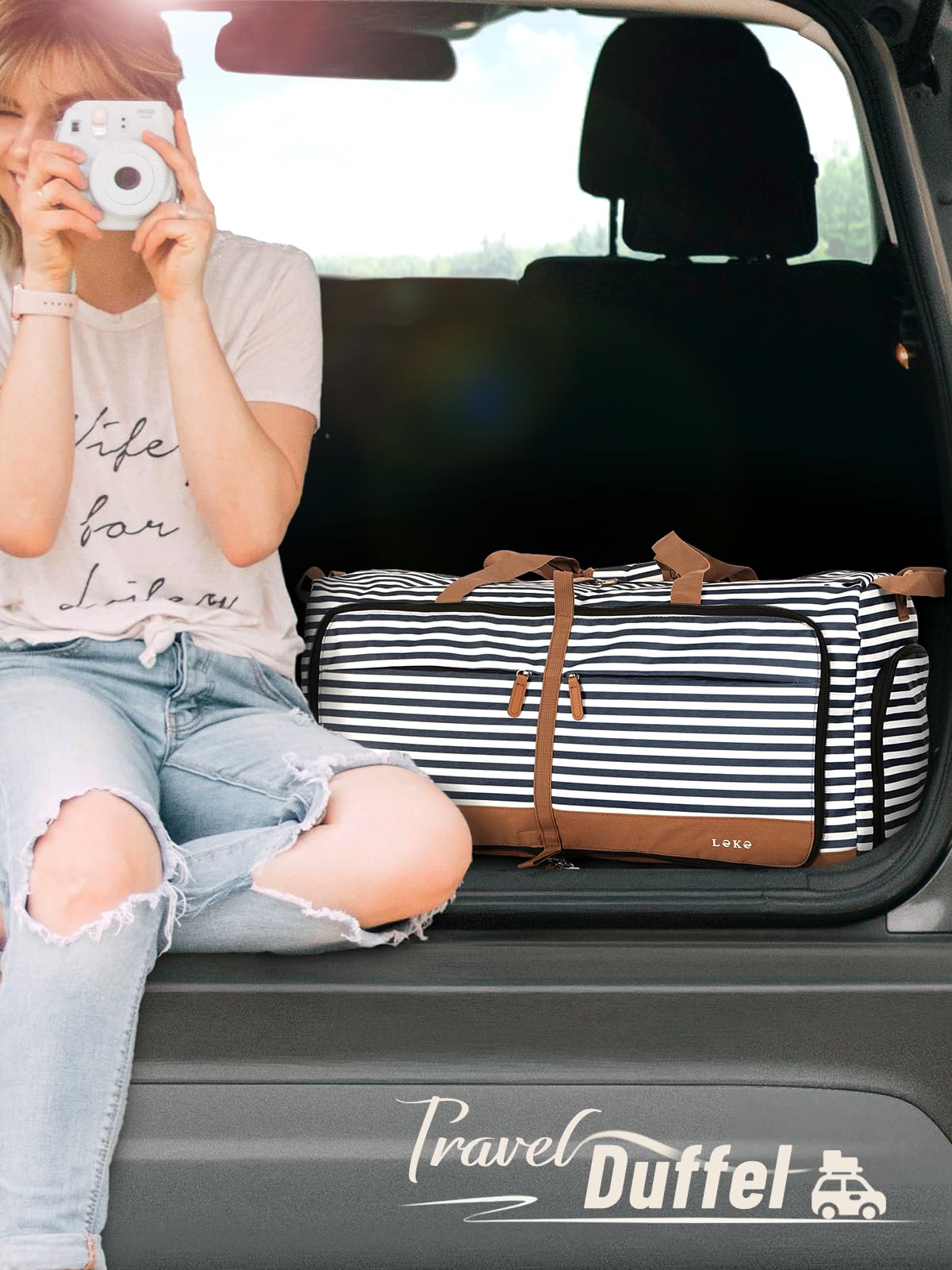 Lekesky Large Foldable Travel Duffe Bag - 150L Waterproof Holdall Luggage Bag with Shoes Compartment, Weekend Overnight Sports Bag for Women and Men(Striped, 84 * 42 * 43cm)