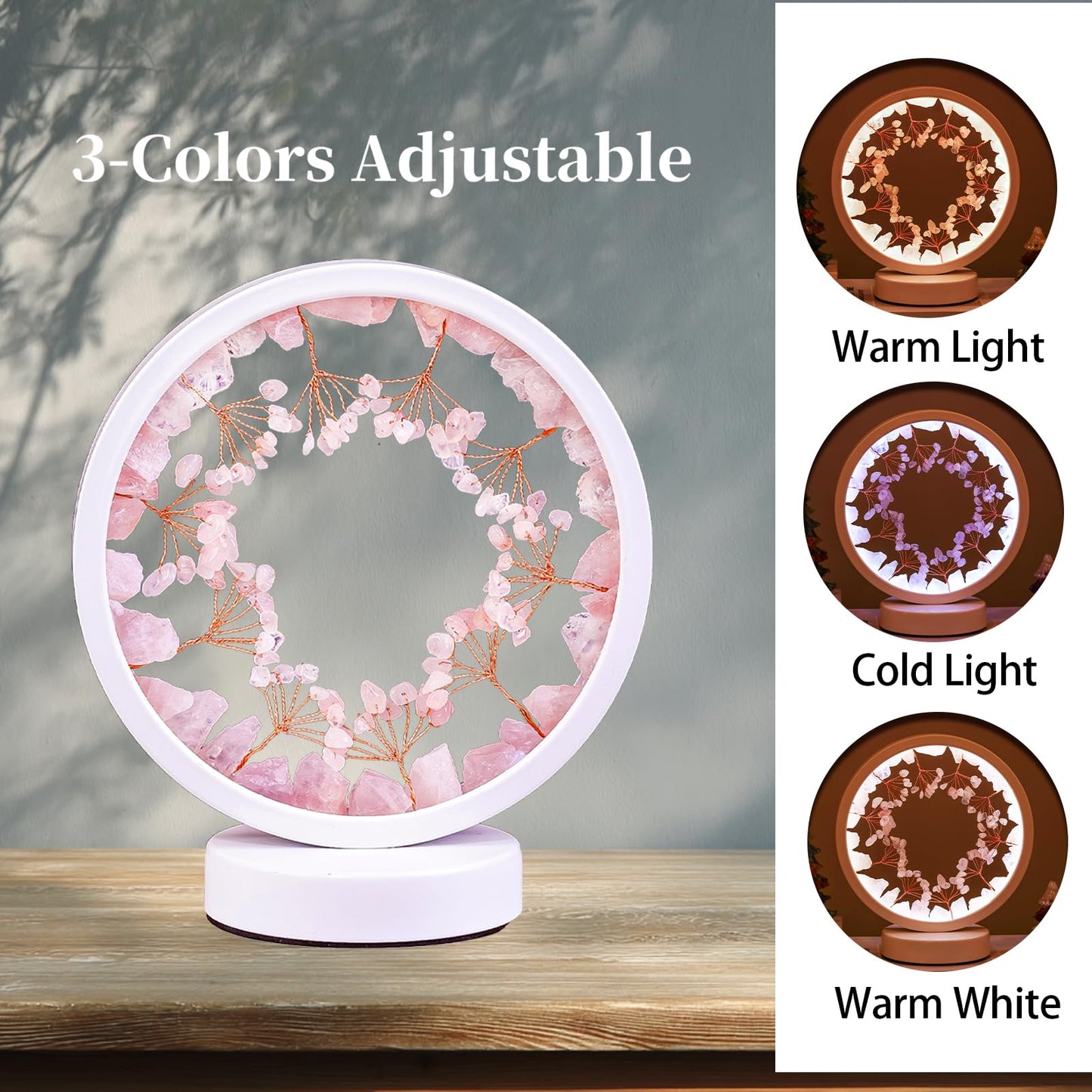 Runyangshi Crystal Night Lamp Natural Rose Quartz Crystals Small Tree Bedside Ambient Lamp USB Port 3 Colours Adjustable Lamp Suitable Night Light for Living Room Bedroom Office Home Decor Gift