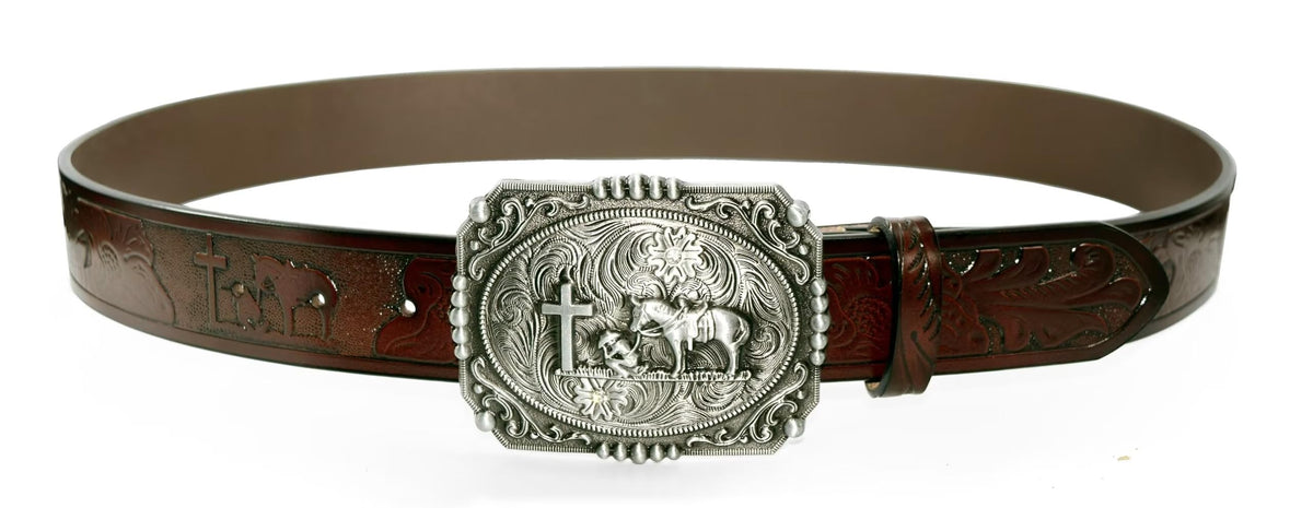 Moranse Western Cowboy Horse & Bull Style Buckle And Genuine Cow Leather Belts
