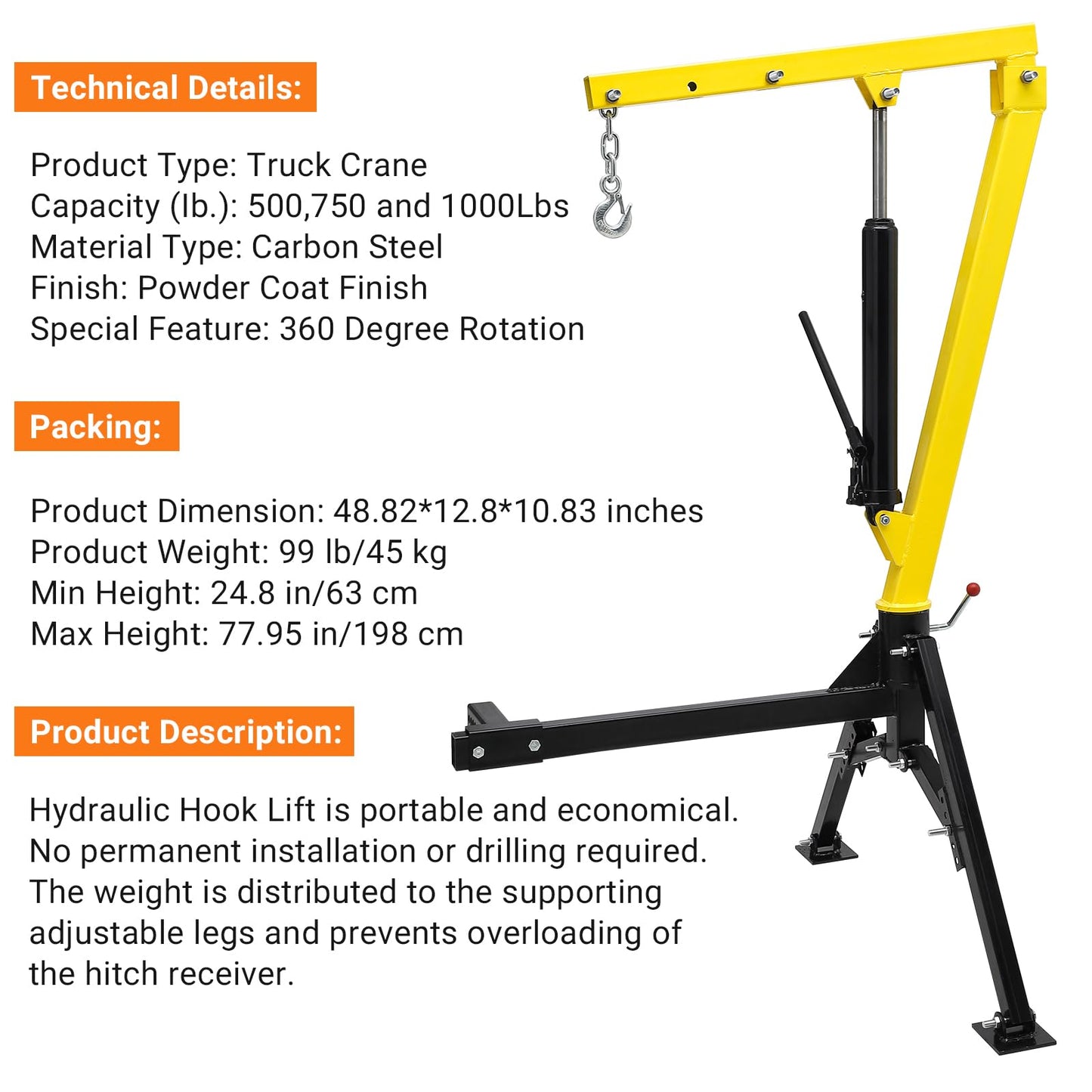 MERXENG Hydraulic Pickup Truck Crane, 1000 lbs Capacity, 360°Swivel, Hitch Mounted Crane with 3 Adjustable Capacities of 500 Lbs, 750 Lbs and 1000 Lbs for Lifting Goods in Construction, Industry