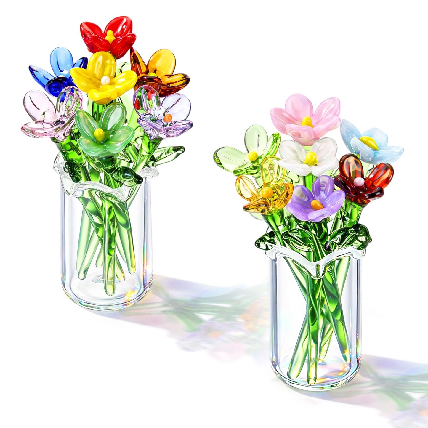 Fiwochic 14 Pcs Miniature Glass Flower Leave and 2 Pcs Vase Set Small Mini Glass Birth Month Flower with Stems Crystal Wildflower Bouquet for Women Mom Mother's Day Office Home Table Centerpiece