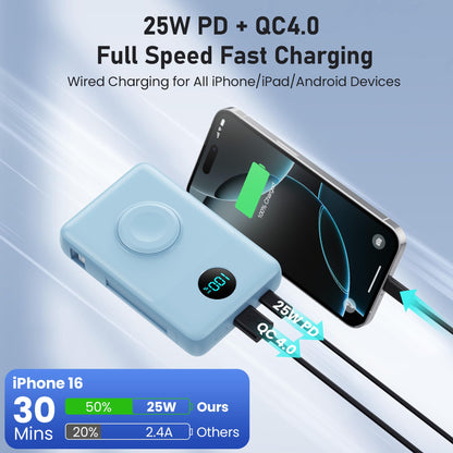Magnetic Portable Charger for iPhone with Built-in Cables, 6-in-1 10800mAh Power Bank with iWatch Charger & LCD Display,25W PD Fast Charging Battery Pack for Magsafe,iPhone 16/15/14/13/12,Apple Watch