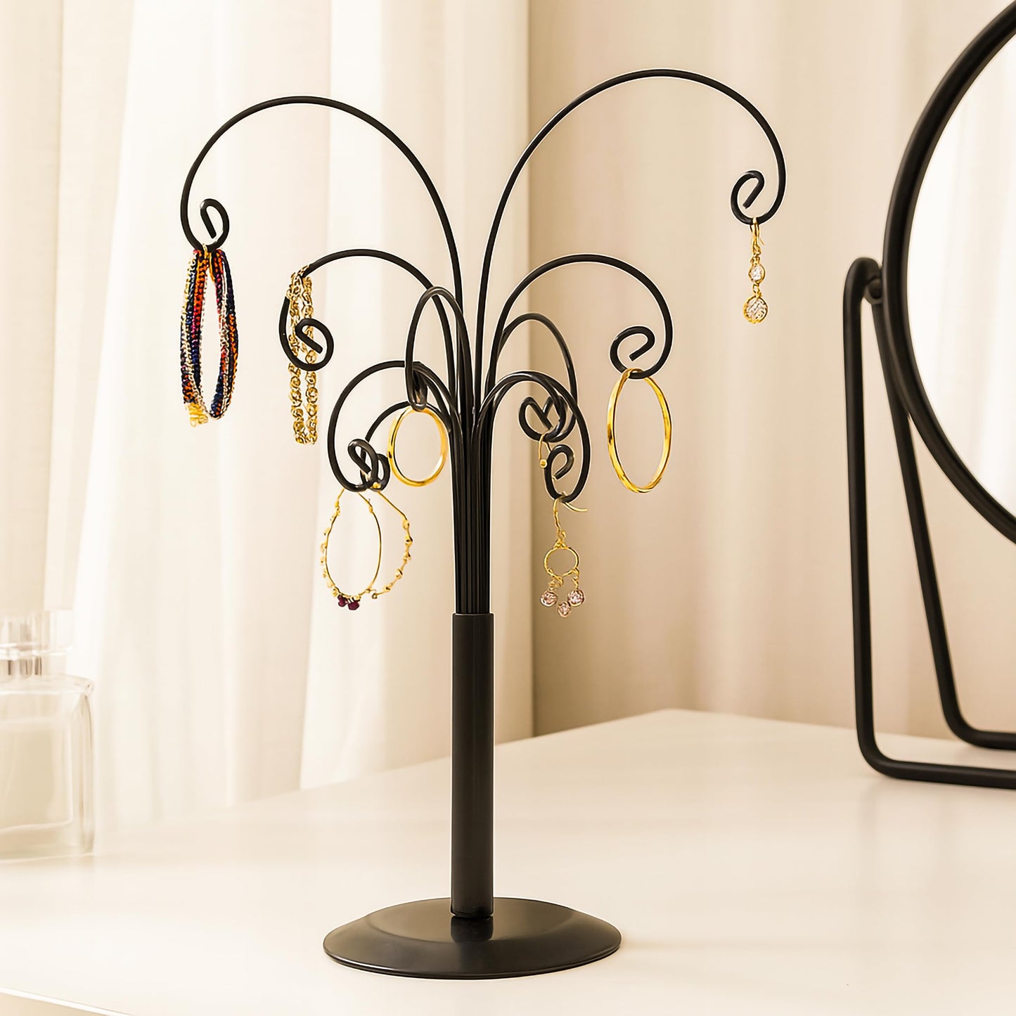 Ornament Tree Display Stand Wire Tree – 10.6 Inch Black Rotating Wrought Iron Tabletop Holder with Multiple Hooks for Hanging Glass Ornaments, Balls, Jewelry, and Small Craft Items – Decorative Rack