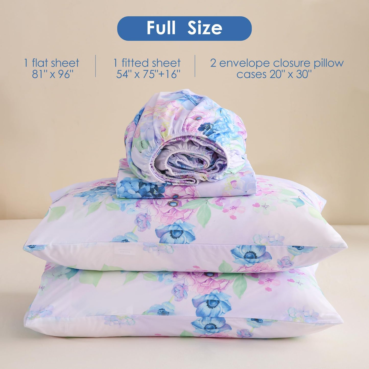 JSD Purple Hydrangea Floral Sheet Set Full Size, 4 Piece Soft Spring Printed Microfiber Bed Sheets Deep Pocket