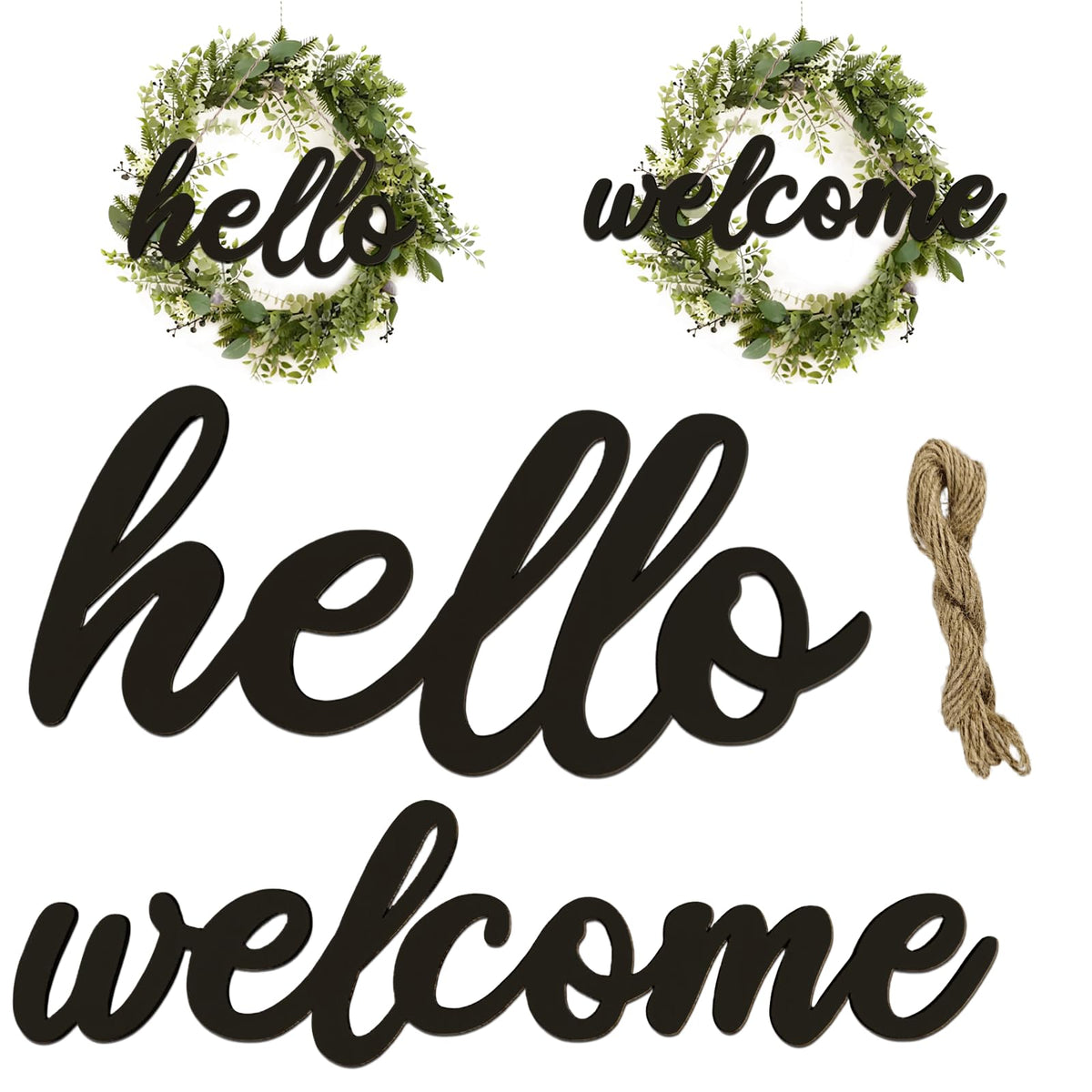 WOODOUNAI 10 Pcs Black Wooden Hello & Welcome Sign Wooden Cutout Letter Hello Welcome Sign for Wreath Crafts Decorative Word Signs for Door Wall Christmas Trees Home Decor (Black)