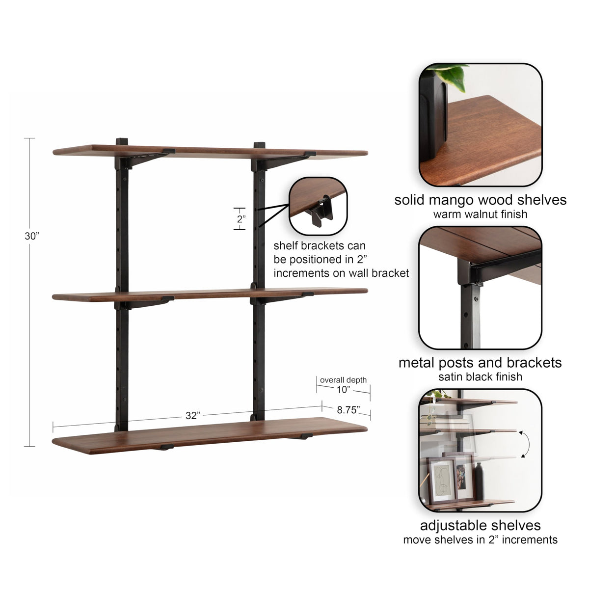 Kate and Laurel Atwood Three-Tiered Adjustable Mango Wood Wall Shelf, 32 x 10 x 30, Walnut Brown and Black, Modular Shelving Unit and Wall Organizer for Entryway Storage or Living Room Display Shelves