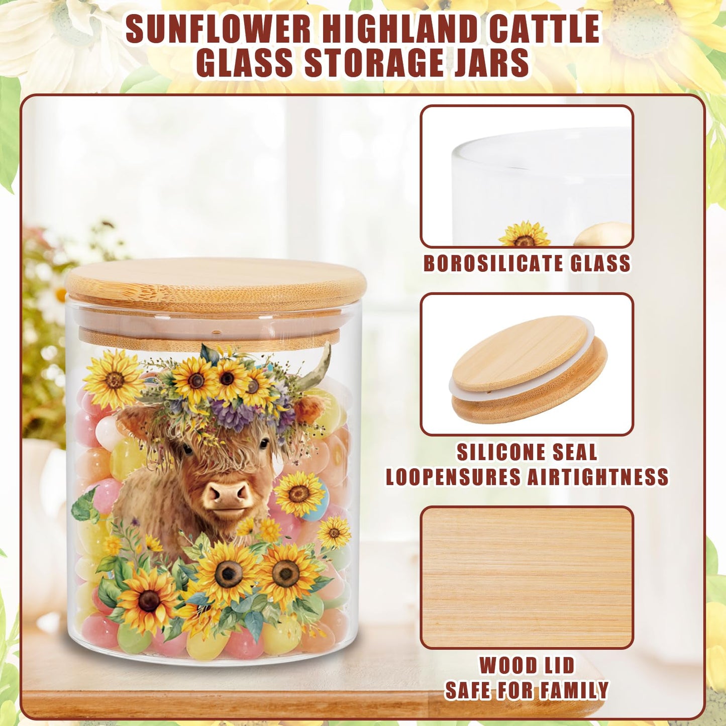 JarThenaAMCS 3Pcs Highland Cow Sunflower Glass Storage Jars With Airtight Lid Cattle Floral Decorative Canisters Sets for Cookie Spring Summer Farmhouse Home Kitchen Countertop