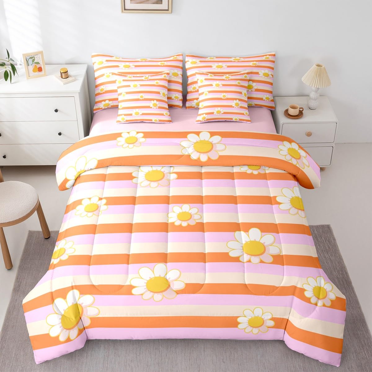 Erosebridal Cute Daisy 7-Piece Bedding Set For Kids Girls Pink Orange Comforter Set With Sheets Twin Size Cartoon Flower Bed In A Bag For Teen Girls Young Women Groovy Trendy Geometric Stripe Bed Sets