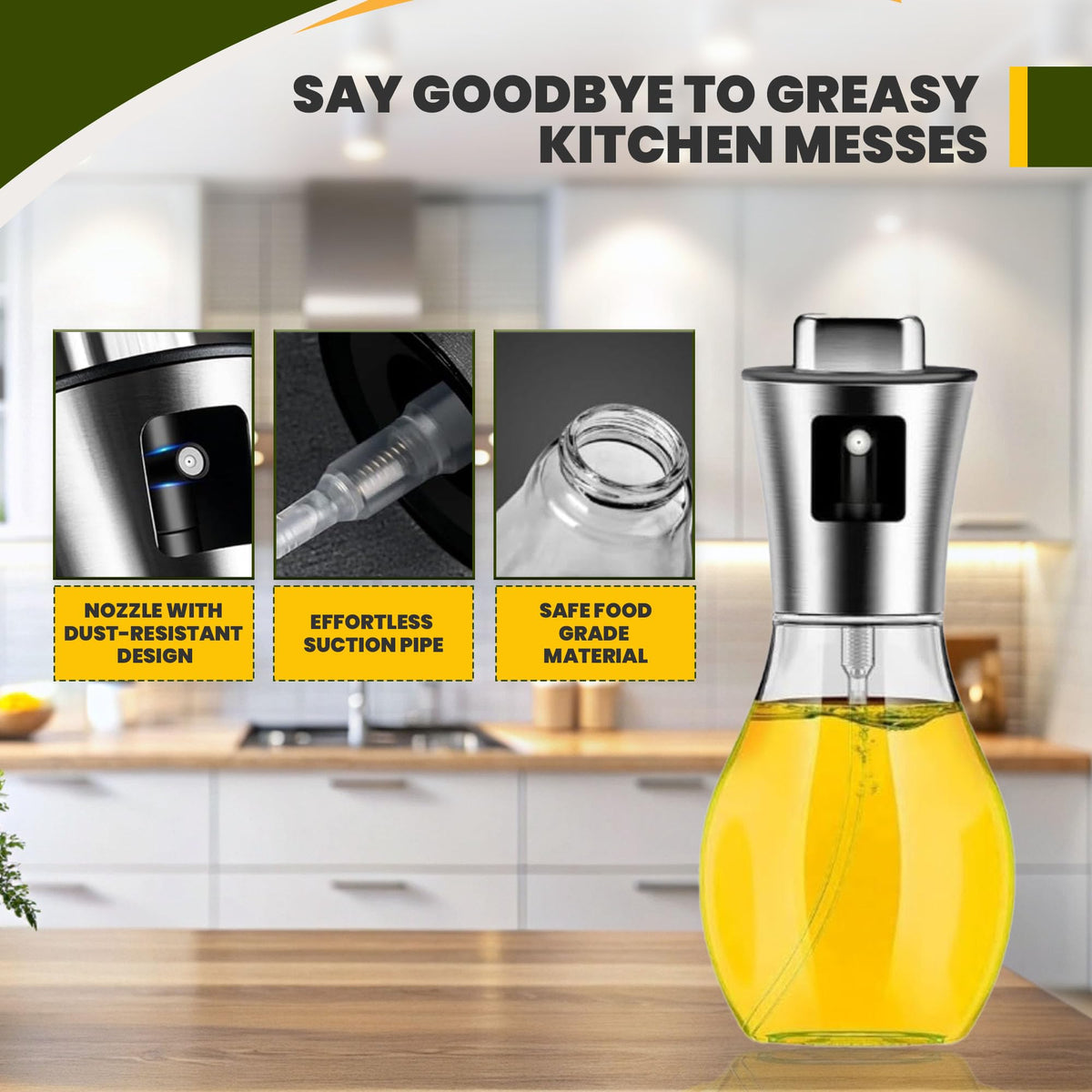 Fourteen Homes Oil Dispenser Bottle - Olive Oil Sprayer - Clear Glass Refillable Oil & Vinegar Dispenser with Measuring Scale Pump for Kitchen, Cooking, Salads, Baking, Frying -200 ml