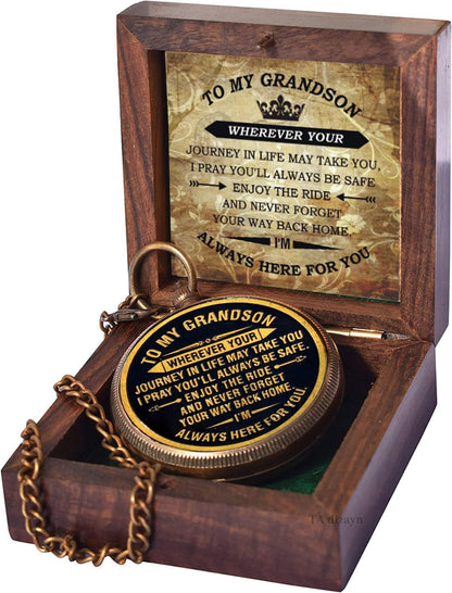Gift for Grandson Brass Compass with Box Engraved Quote | Memory Present to My Grandson Birthday, Baptism, Graduation, Confirmation, Love, Gift idea by Grandpa Grandma, Greeting Card