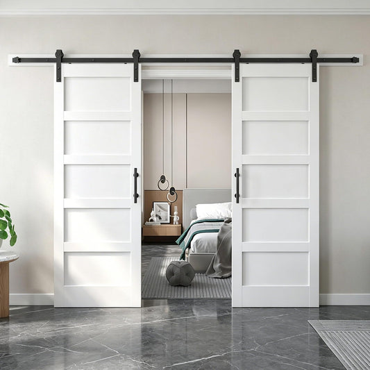 FREDBECK White Barn Door 64x80 (Double 32in x 80in) with Hardware Kit & Handle Included,5-Panel Interior Doors,Water-Proof PVC Surface,Pre-Drilled Holes,Need Assembly