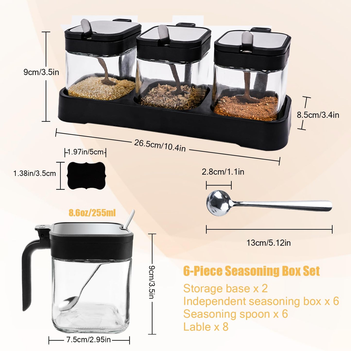 6Pcs Glass Condiment Container Spice Jar with Lids and Spoons, SHAIDOJIO 8.6oz Clear Condiment Canister Pot with Tray and Label, Seasoning Box Salt Container Sugar Bowl for Kitchen Home Table(2 Sets)