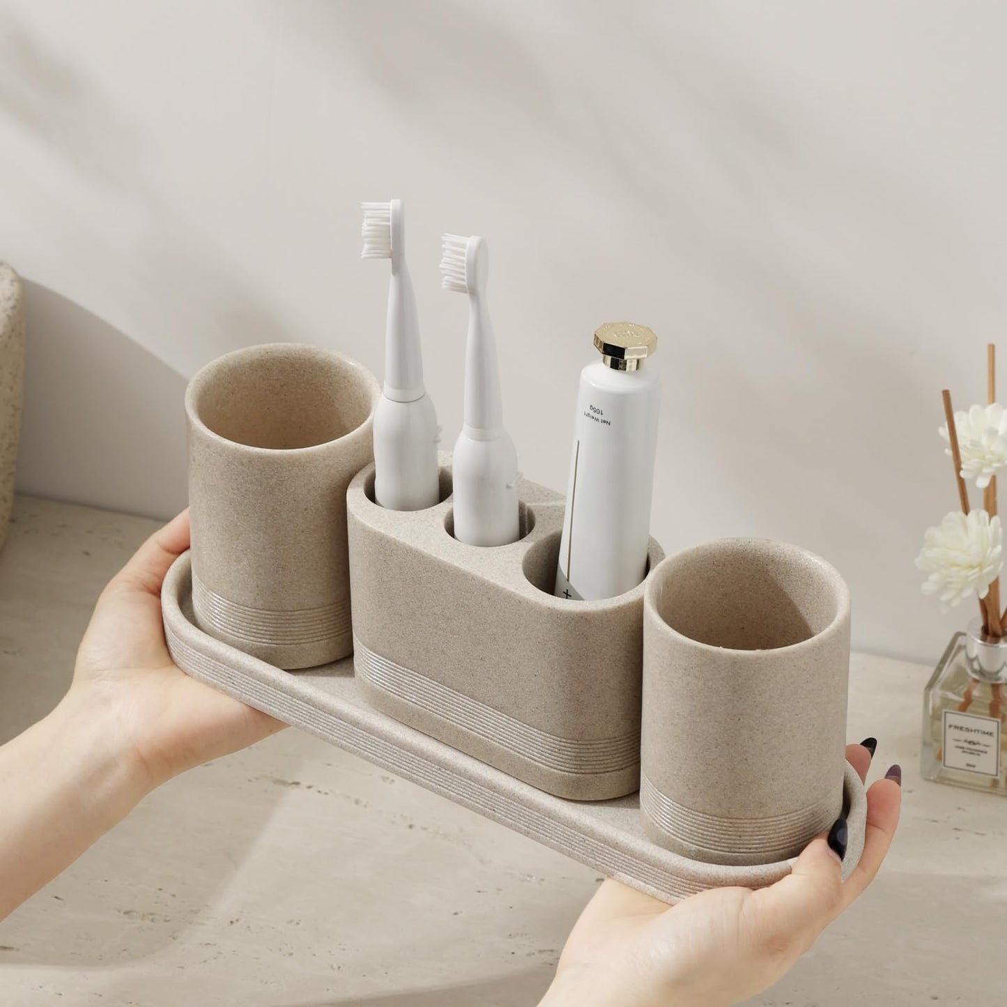 WUUAHOME Bathroom Accessories Set, 4 pcs Toothbrush Holders Set Included 3 Slots Electric Toothbrush and Toothpaste Holder Stand, 2 Tumblers & Tray for Bathroom Countertop Sink Modern Decor (Beige)