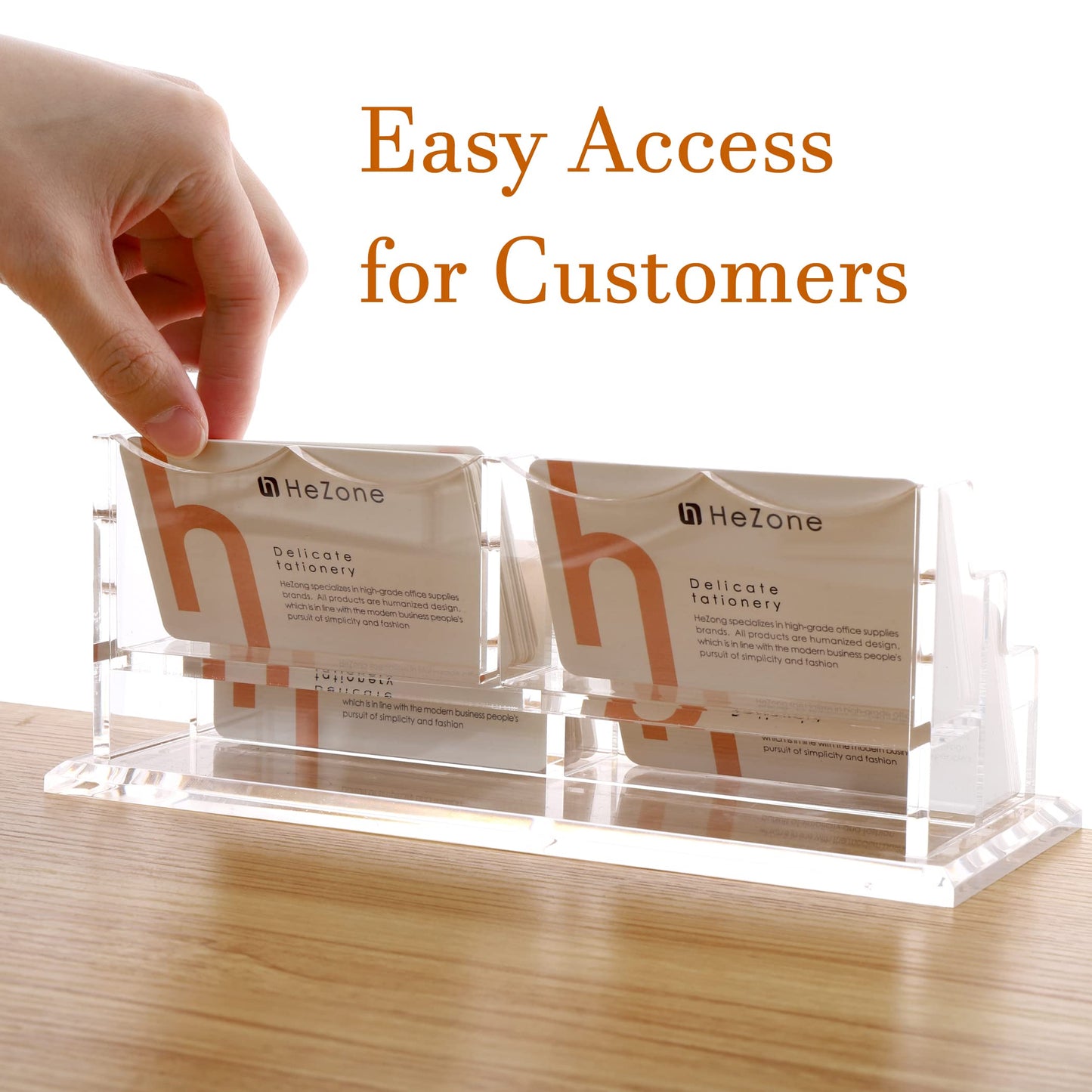 HeZone Business Card Holder Display for Desk, Cards Organizer Case for Women and Men 4 Slot 2 Tier, Clear Acrylic Business Card Stand Rack with 1 Pack (4 Grid-H)