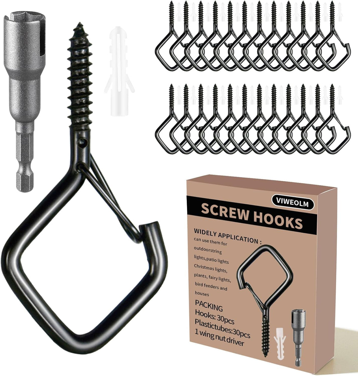 Viweolm 30 Pcs Black Eye Hooks Screw Heavy Duty,Ceiling Hooks for Hanging Plants,String Lights,Cup,Wind Chime,Bird Feeders. Plant Hanger Indoor&Outdoor