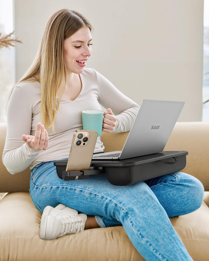 SAIJI Laptop Lap Desk, Portable Laptops Tray with Cushion, Drawer Storage, Phone Holder, 12mm Thickened Panel,Carry Handle, Computer Laptop Stand for Bed Fits Up to 15.6 Inch Laptops