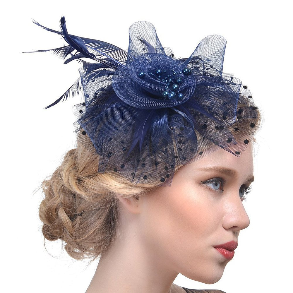 DRESHOW Fascinators Hat Flower Mesh Ribbons Feathers on a Headband and a Forked Clip Cocktail Tea Party Headwear for Girls and Women