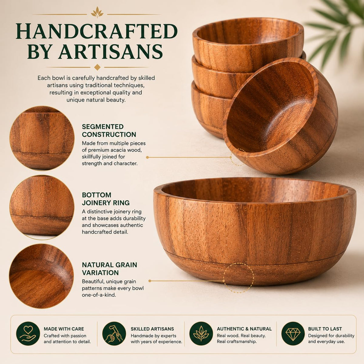 WEBHUSHI Acacia Wood Round Serving Bowls Set of 4 U Shape Handmade 4.75 Inch Medium Size Brown