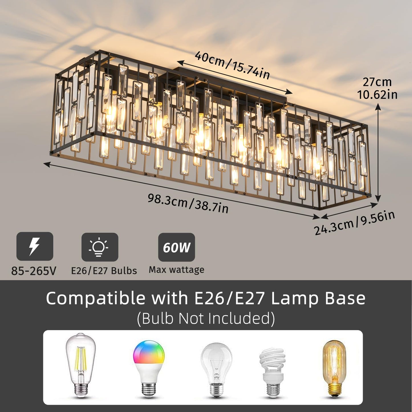 Garwarm 38.7 inch Modern Ceiling Light,6-Light Crystal Chandelier Black Rectangle Chandeliers, Dining Room Light Fixture Flush Mount for Living Room Kitchen Island Bar