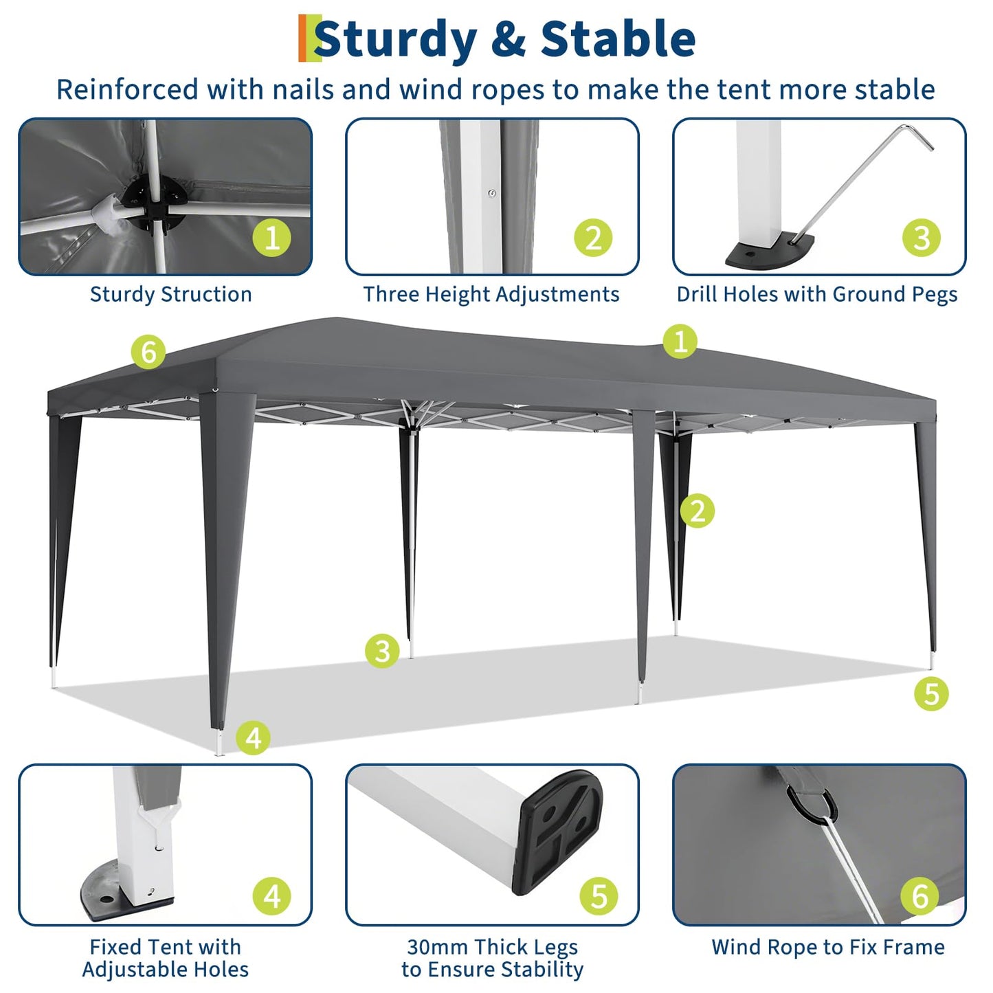 Garvee 10x20 Pop Up Canopy Tent with 6 Removable Sidewalls, Easy Up Commercial Canopy Tents for Parties, Large Heavy Duty Outdoor Canopies with 3 Adjustable Heights, Stakes X18, Ropes X6, Grey