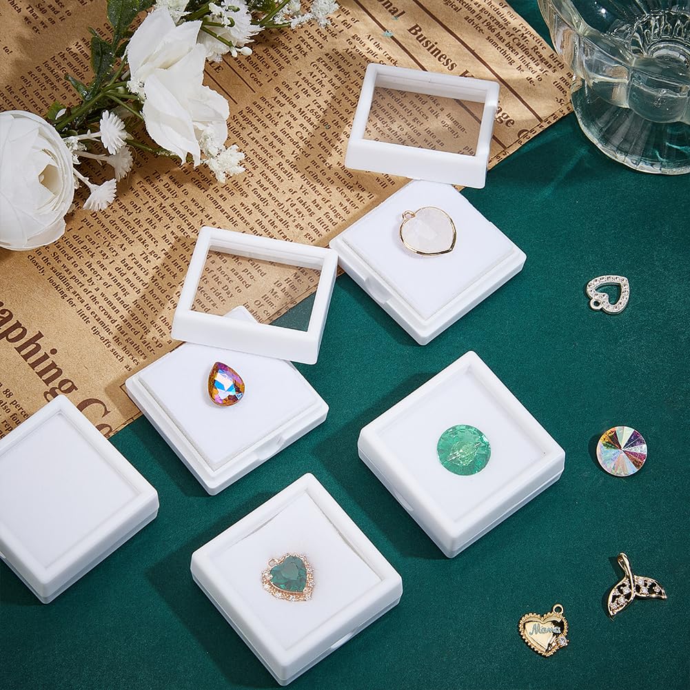 BENECREAT 48Pcs White Gemstone Display Box, 1.57x1.57x0.6Inch Plastic Transparent Bare Stone Box Square Gem Box with Clear Top Lids for Gems Jewelry Packing