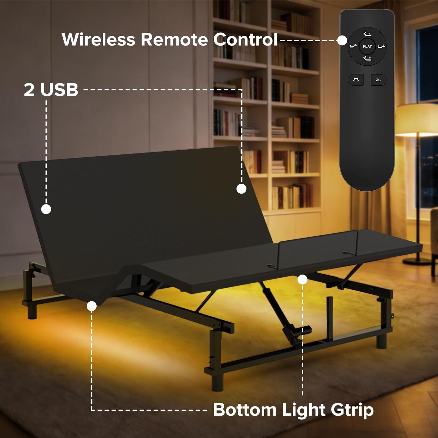 DNYN King Size Adjustable Bed Base Frame with USB Ports and Wireless Remote for Bedroom/Guest Room, Zero Gravity Bed with Head and Foot Incline, Space-Saving & No Box Spring Needed