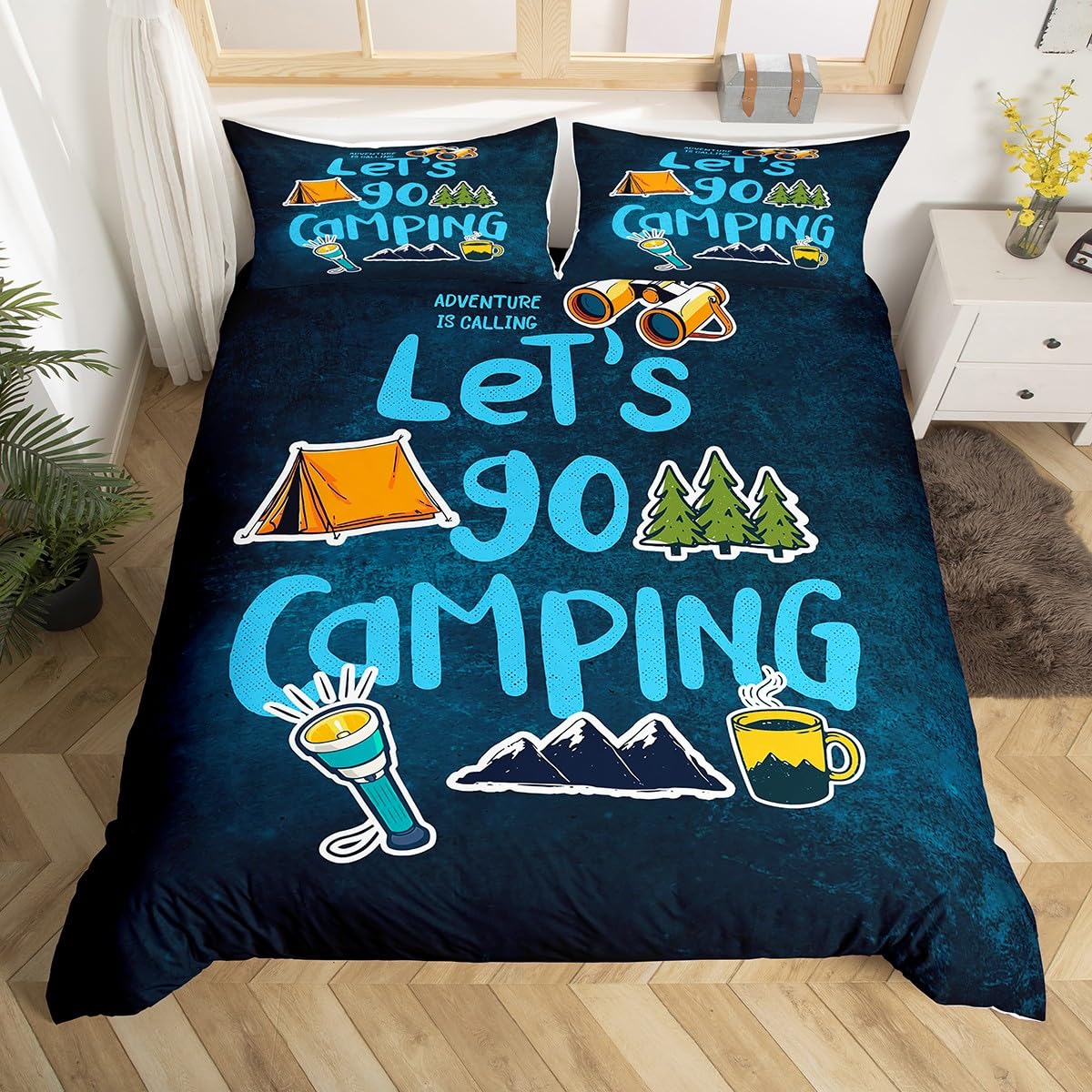 Happy Camping Duvet Cover Set King,Cartoon Camper Theme Comforter Cover Rustic Farmhouse Style Quilt Cover Navy Blue Bedding Set 3pcs for Kids Girls Teens Boys Room Decor with 2 Pillowcases