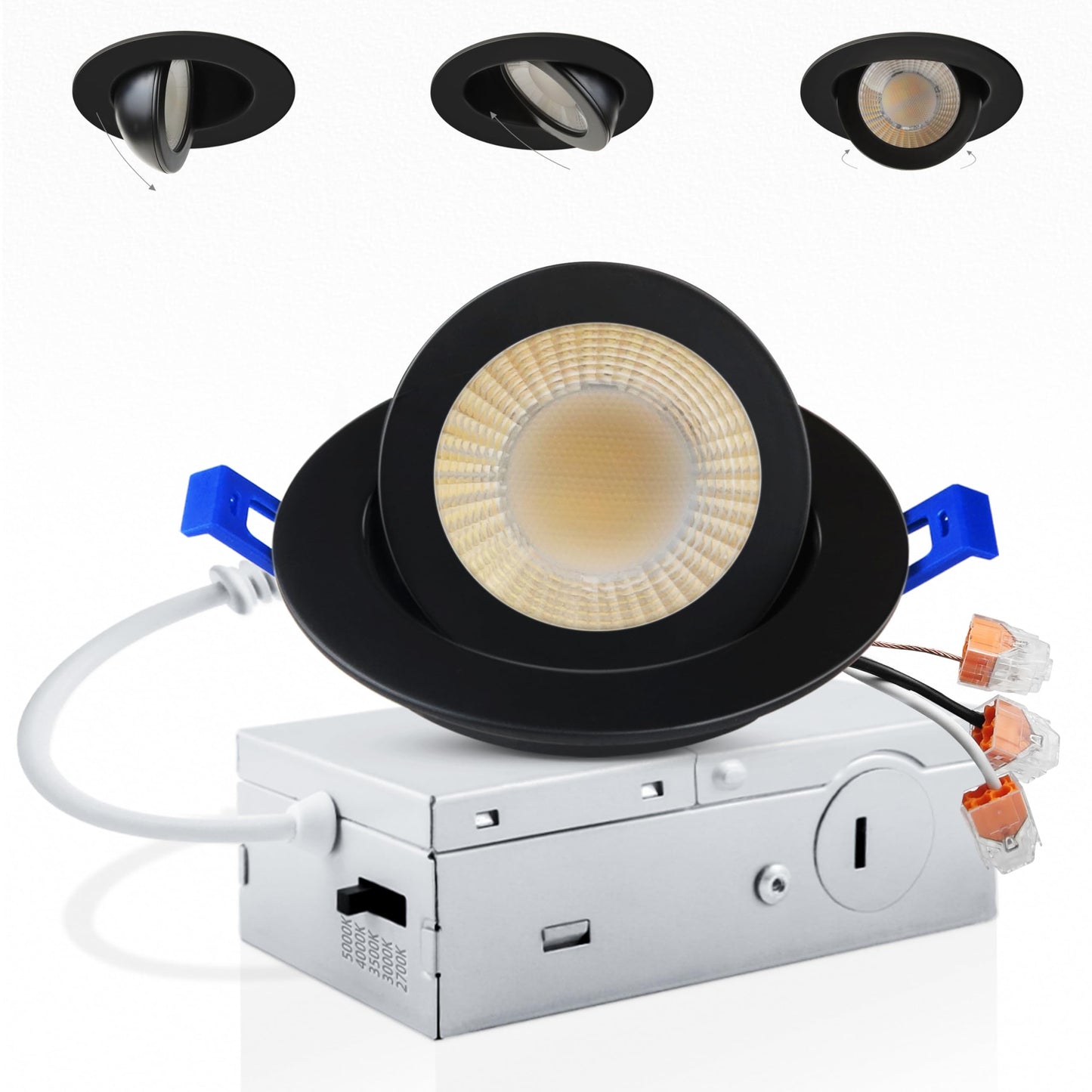 Adetu 3 Inch Gimbal Black Led Recessed Lighting, 360°+90° Adjustable Directional Led Recessed Lights, 2700K/3000K/3500K/4000K/5000K Dimmable Retrofit Eyeball Can Lights with Jbox,ETL (Black, 1 Pack)