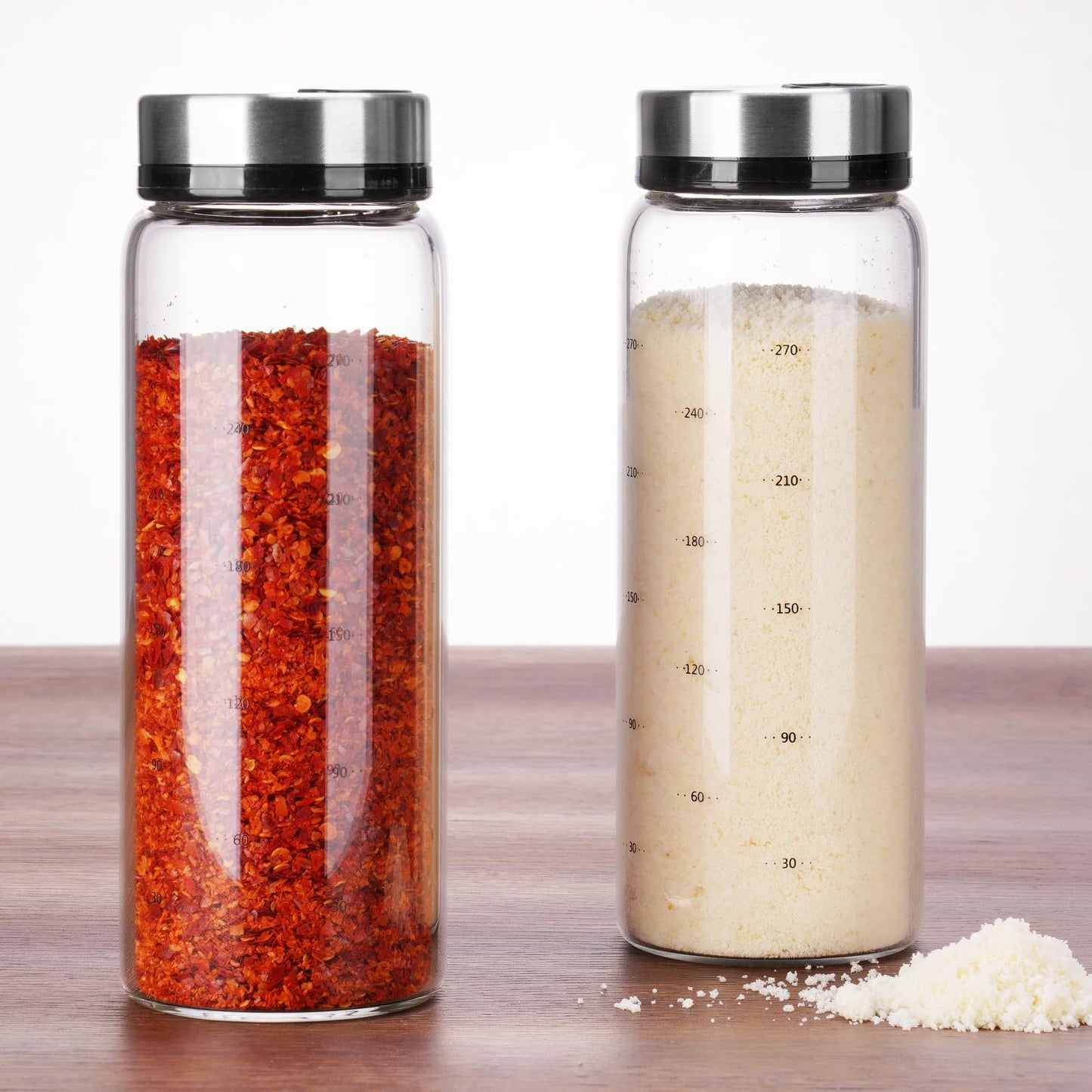NiHome 2-Pack Spice Shakers with Adjustable Stainless-Steel Lids for Parmesan Cheese, Chili Flakes, Herbs, Salt, Pepper, 10oz Borosilicate Glass Seasoning Dispensers, Easy Refill and Dishwasher Safe