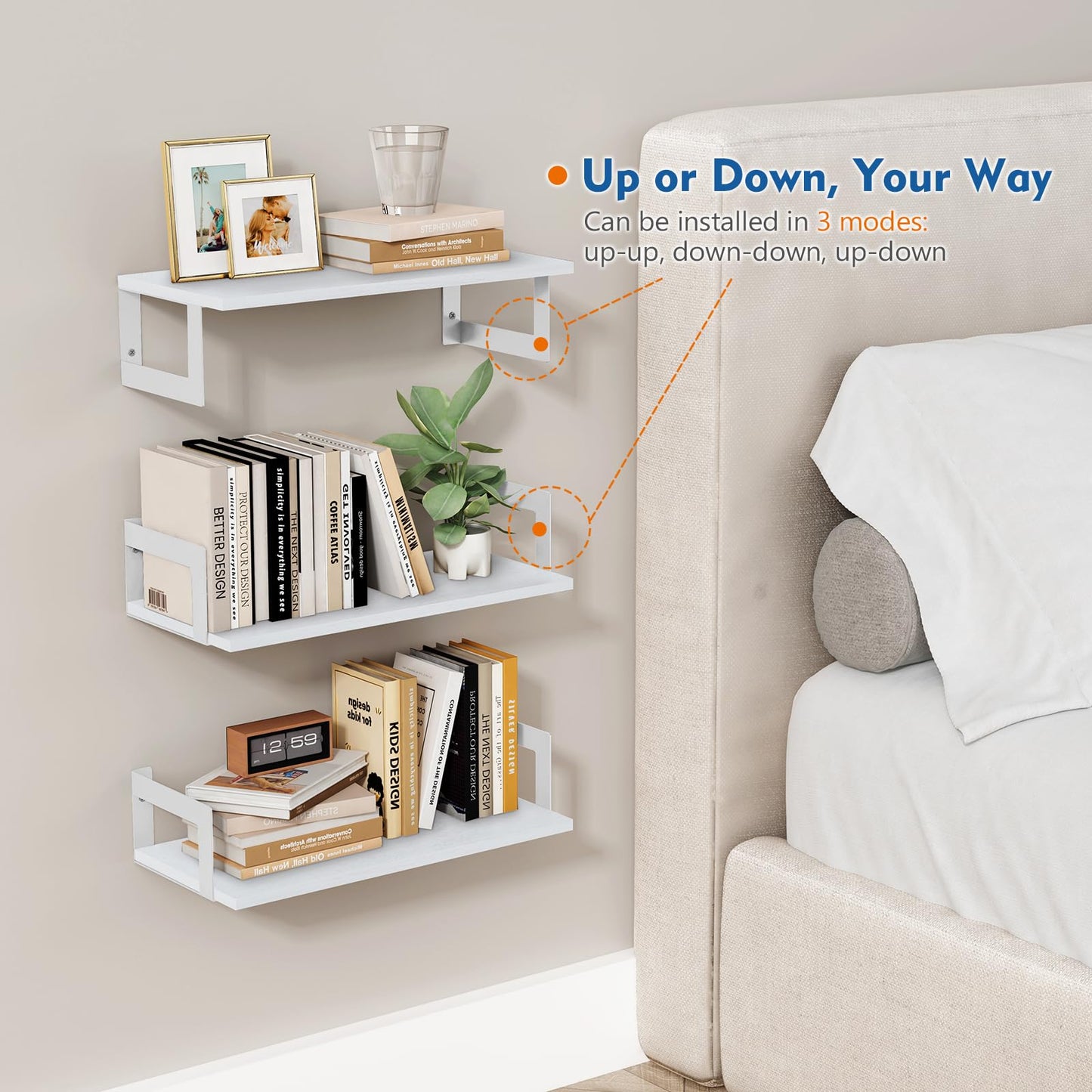 Harwaya White Wall Bookshelf for Kids Room, Small Floating Book Shelf for Teen Girls Boys Bedroom, 8 Inch Deep Wall Mounted Bookshelves for Office Living Room Bathroom Decor (3-Pack)