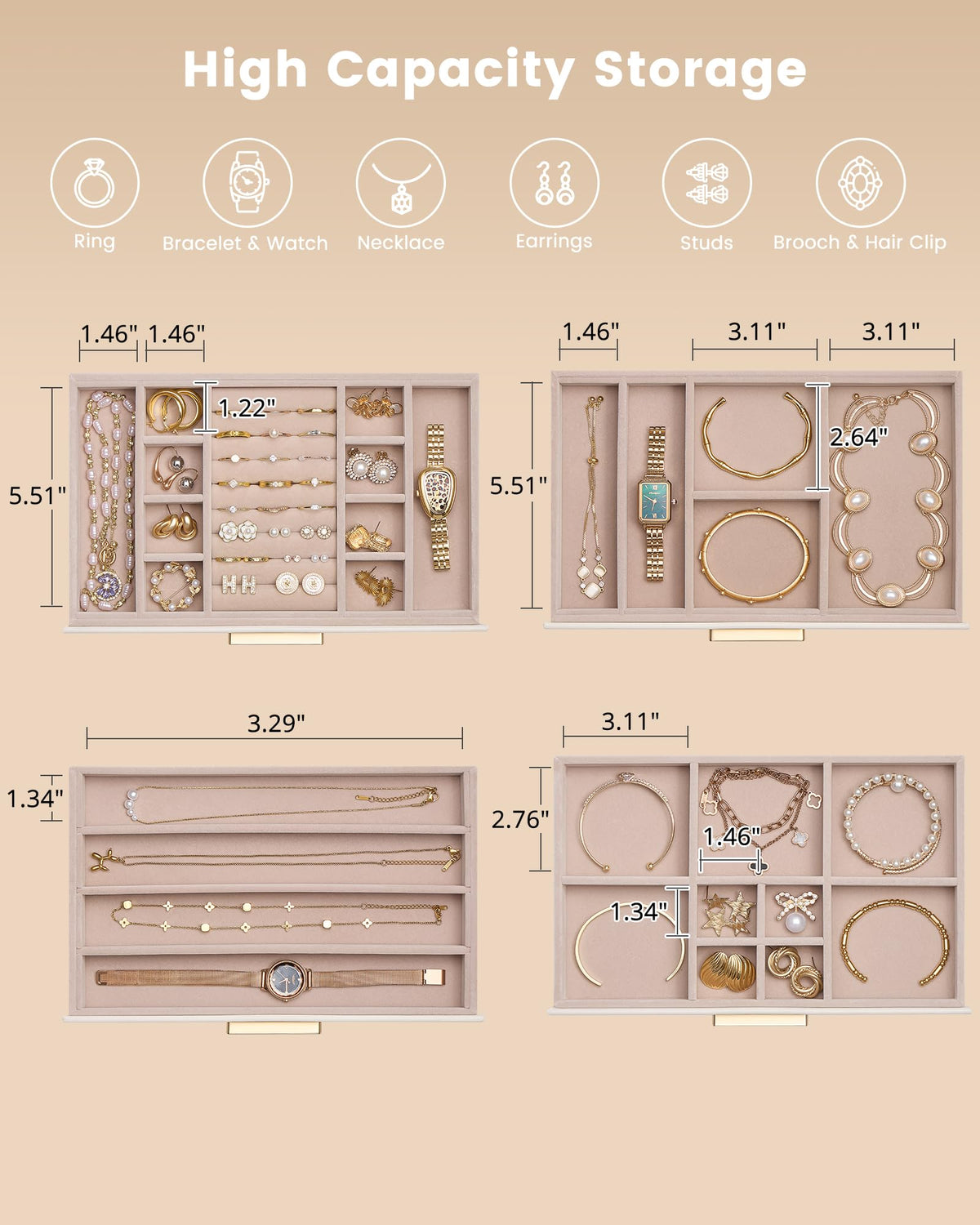 Lolalet Jewelry Box Organizer, 4-Layer Jewelry Organizers and Storage Case with Glass Lid, Ring Earring Bracelet Necklace Holder Organizer, Birthday Valentine Gifts for Women Girls -4Layer, Beige