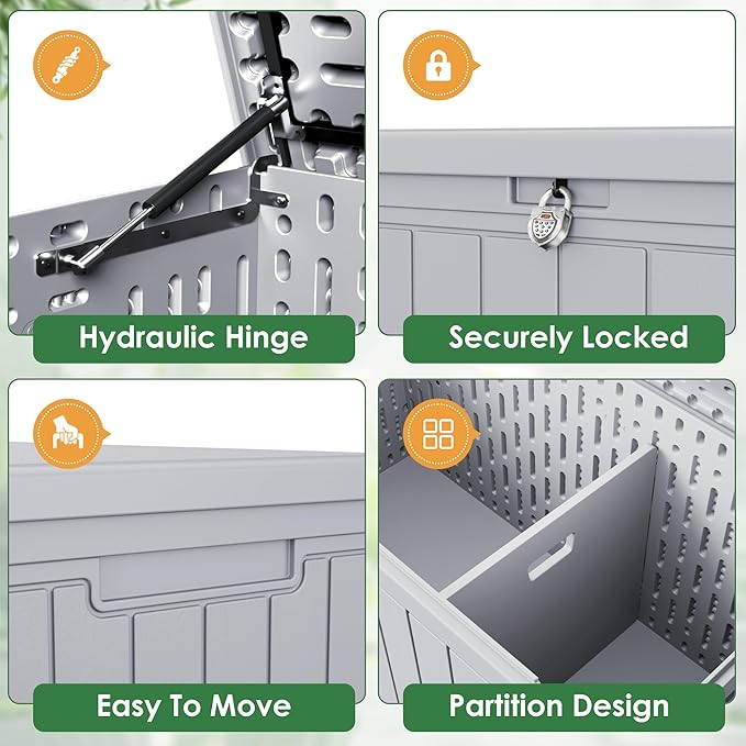 Devoko 260 Gallon Double-Wall Deck Box with Divider, Side Handles, Resin Outdoor Large Storage Box Waterproof and Lockable for Patio Furniture, Garden, Pool (Grey, 260 Gallon)