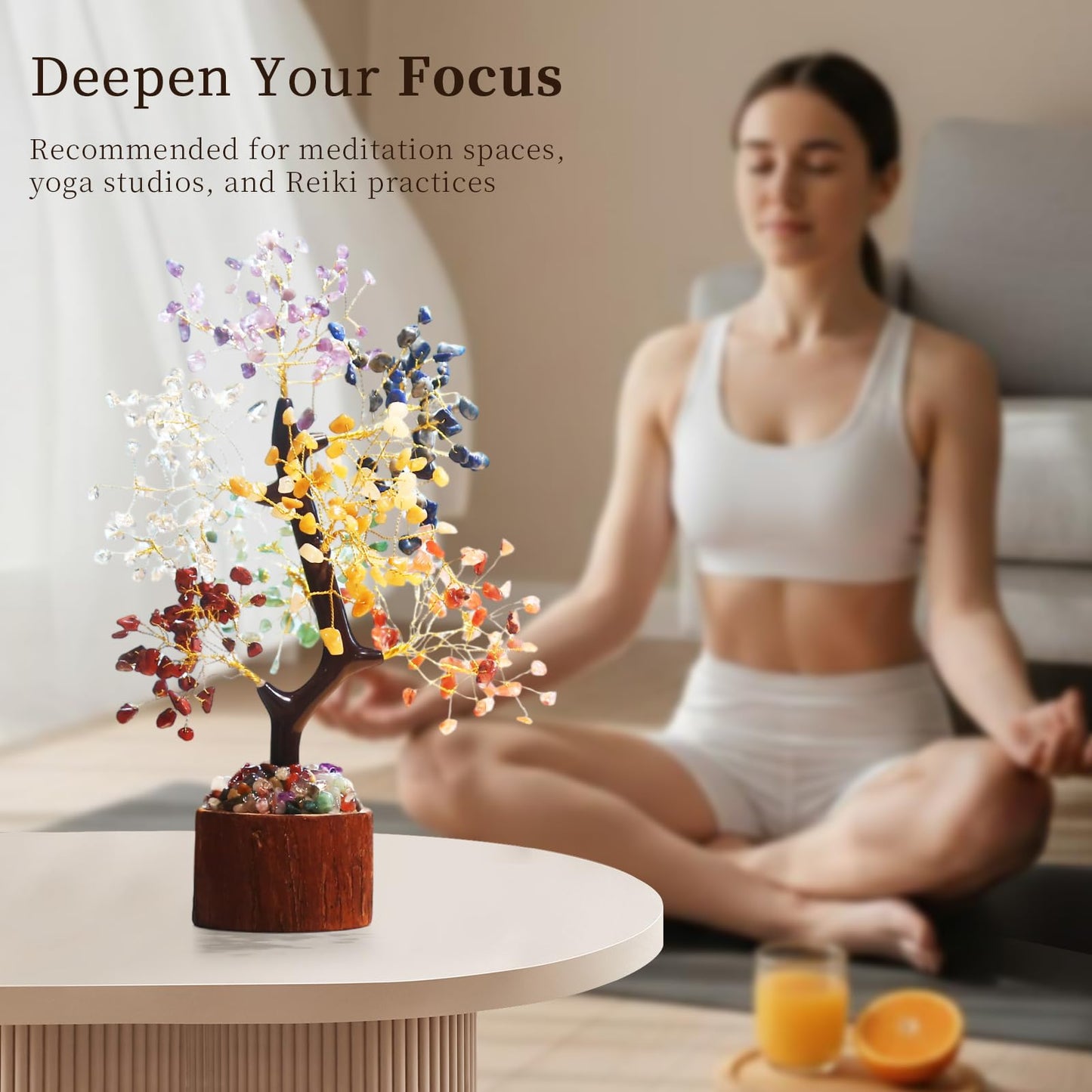 Crystal Tree of Life with Chakra Stones - Healing Crystals Decor for Desk & Home, Housewarming Gifts for New Home, Unique Birthday Gifts for Women, Sisters, Friends (7 Chakra Tree Wooden Base)