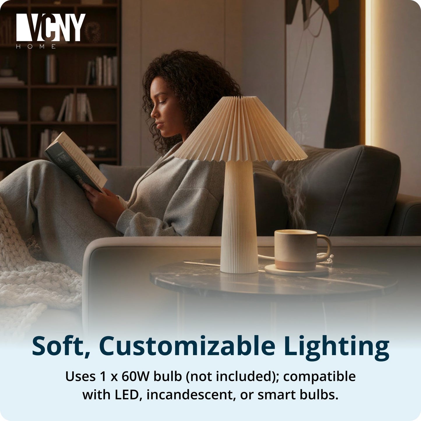 VCNY Home 18" Ivory Ceramic Table Lamp | Pleated Fabric Shade & Cylinder Base | Modern Accent Lamp for Living Room, Bedroom, or Entryway | Elegant Neutral Design | Requires 1 x 60W Max Light Bulb