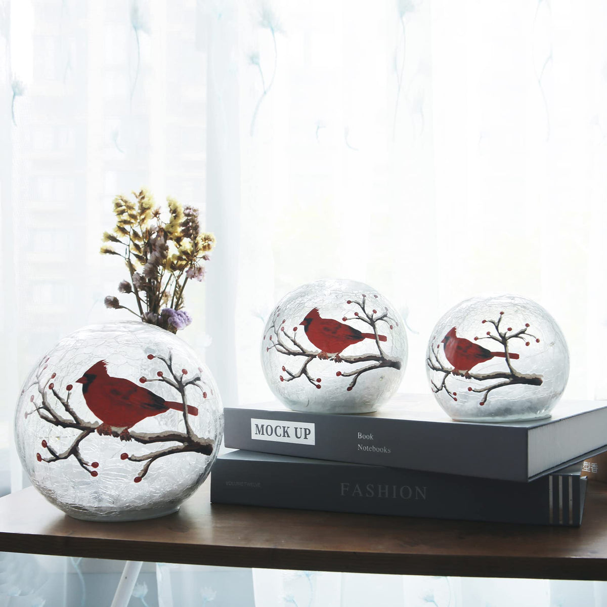 Large Crackle Glass Ball Cardinal Lamp - Light Up Red Bird Stained Christmas Decor Accent, Orb Night Light, LED Sphere Desk Table Lamp