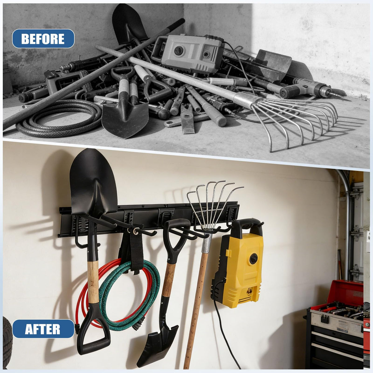 14Pack Garage Tool Organizer Wall Mount, 49.5'' Garage Wall Organizer with 11 Adjustable Hooks, 520lbs Heavy Duty Garage Storage, Garage Hanging Rack for Garden Yard Tools,Ladder,Shovel,Weed Eater