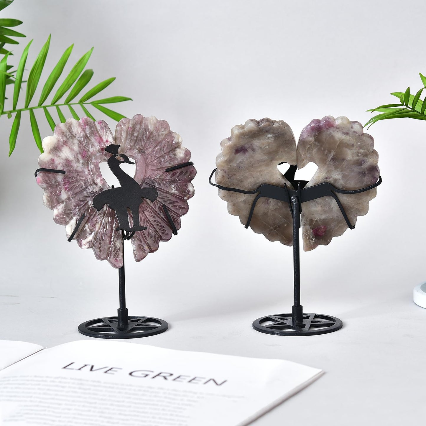 JIC Gem Extra Large Plum Blossom Tourmaline Heart Crystals Stones Healing Crystal Heart Stones Ornament Carved Angel Wing with Display Stand Home Decor Reiki Healing（1 Pair,15-16cm