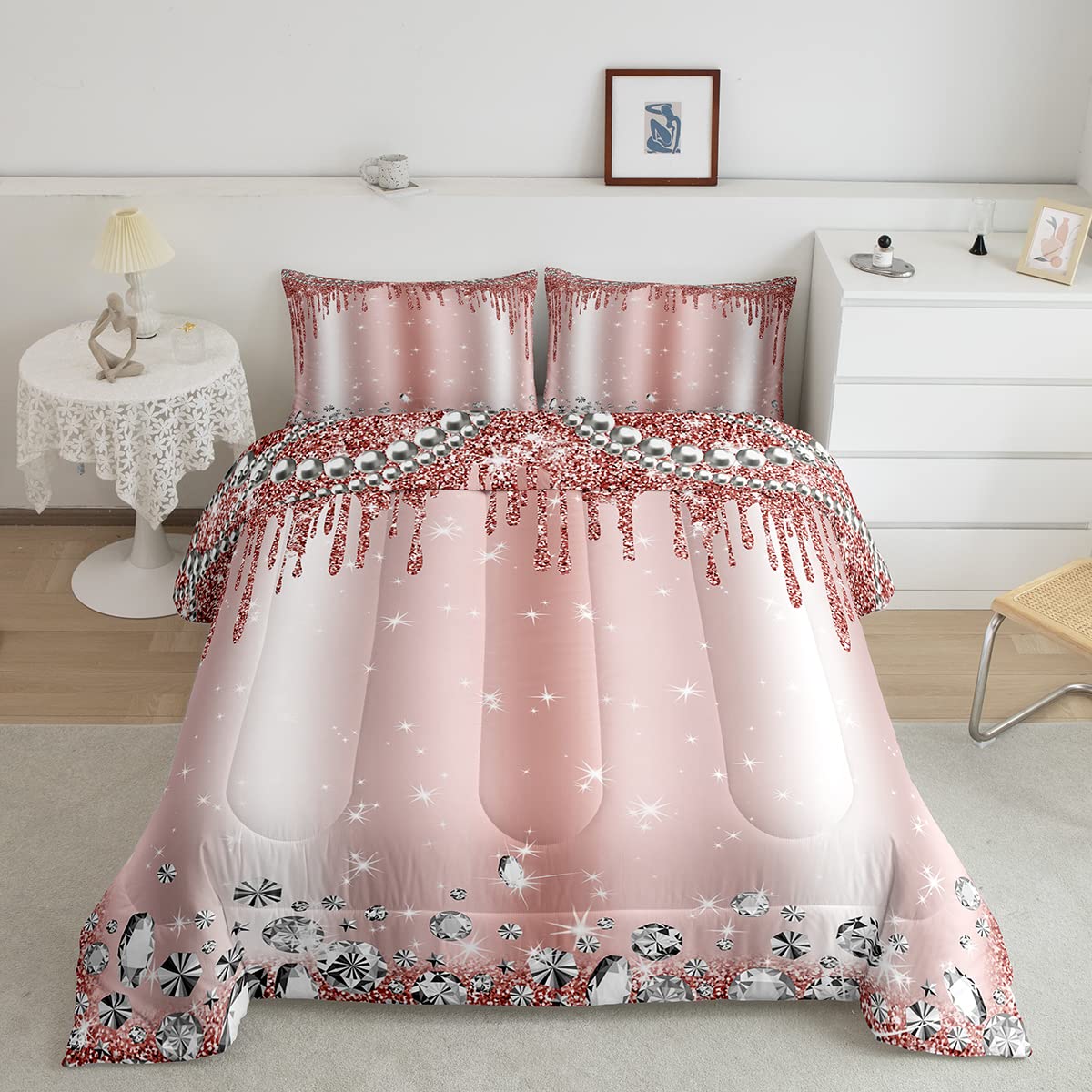Pink Glitter Bedding Set Queen Women Girls Diamond Jewelry Pearls Comforter Set 3pcs Kids Teens Starry Galaxy Quilted Duvet for Modern Room Decor Fantasy Sparkling Bedspread,2 Pillowcases