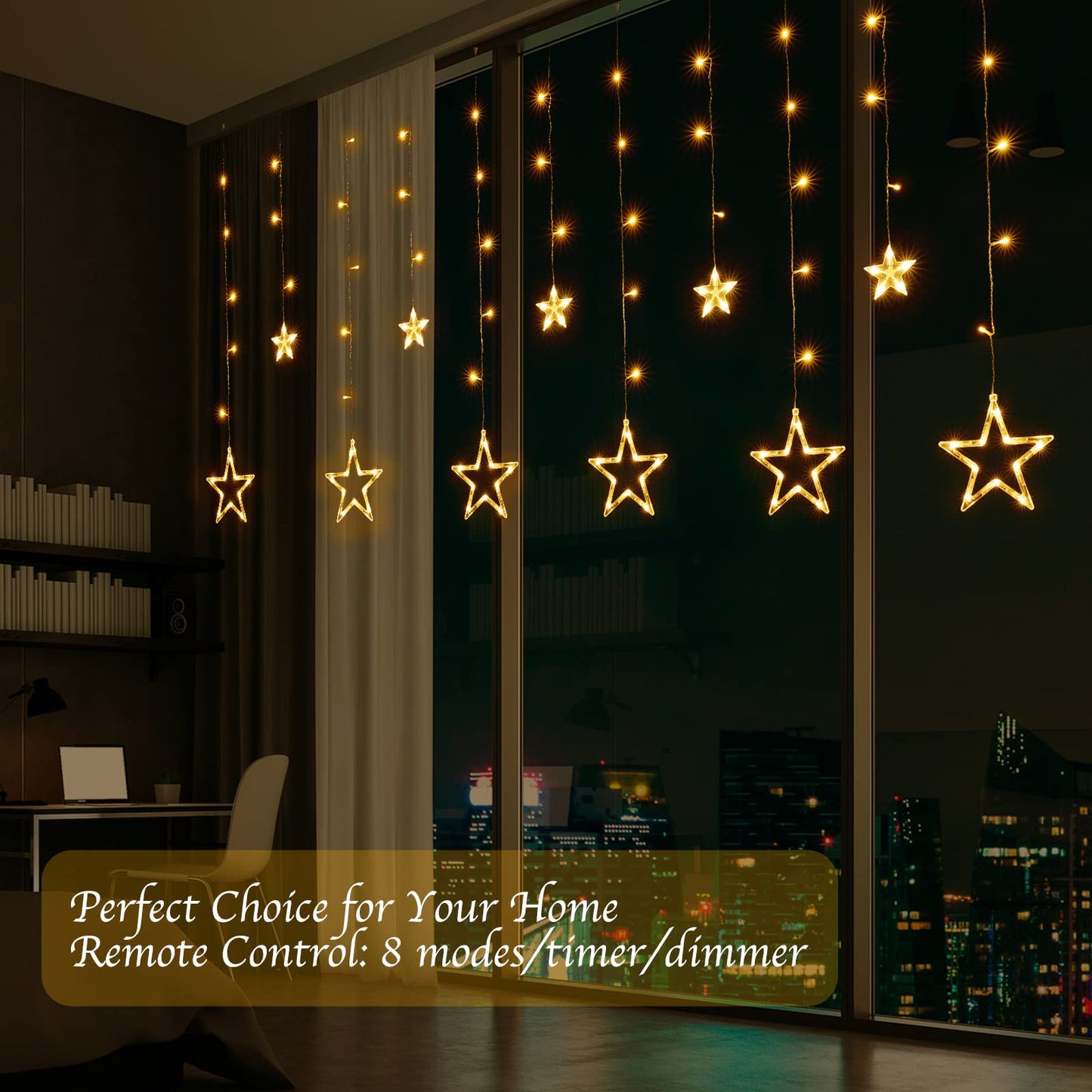Star Curtain Lights for Bedroom - Plug-in 9ft 138 LED Fairy Twinkle Lights with 12 Star Drops, Connectable Window Lights with Remote 8 Lighting Modes for Indoor Xmas Ramadan Decoration, Warm White
