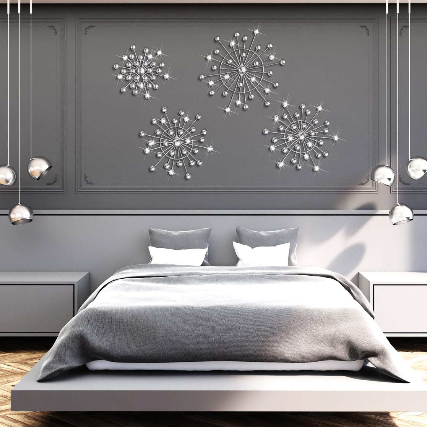 Blulu 4 Pcs Silver Wall Decor Bling Crystal Wall Art Cast Iron Rhinestones Sunburst Decor Metal Starburst Art Hanging Diamond Accents Decorative for Living Room Bedroom Entryway(Silver)