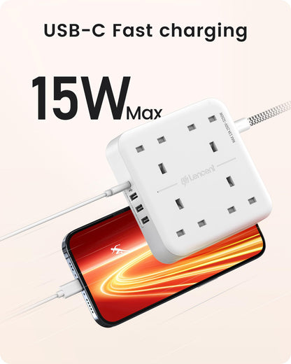 LENCENT Extension Lead with 4 Way Outlets, 3250W 13A Power Strip, 1.8M Braided Extension Cord, 1 USB-C and 3 USB Slots, Multi Power Plug Extension for Home and Office, White
