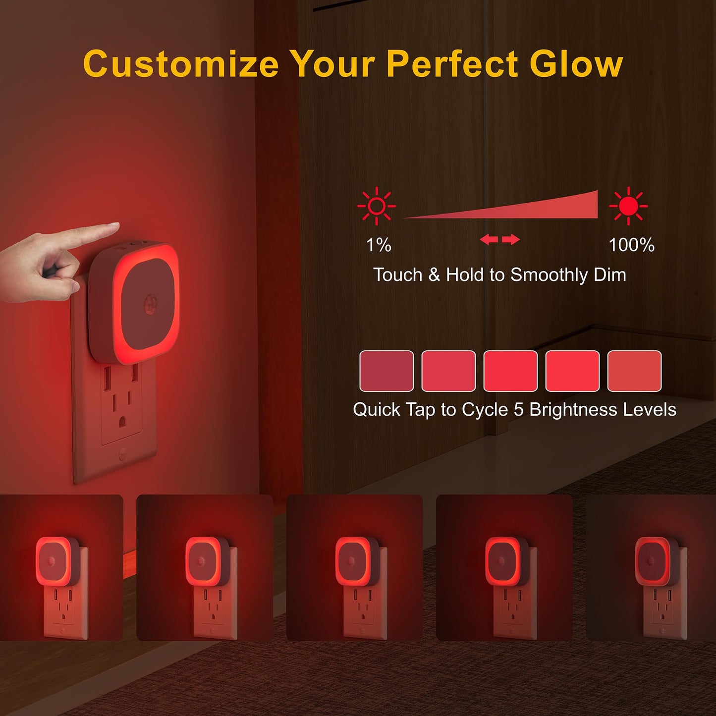 YUNLEX 2 Pack Plug in Red Night Light with Motion Sensor & Dusk to Dawn Sensor, Soft Glow, 0% Blue Light, Dimmable, Auto On/Off, 3 in 1 LED Lights for Bedroom, Kids, Bathroom, Hallway, as Father Gifts
