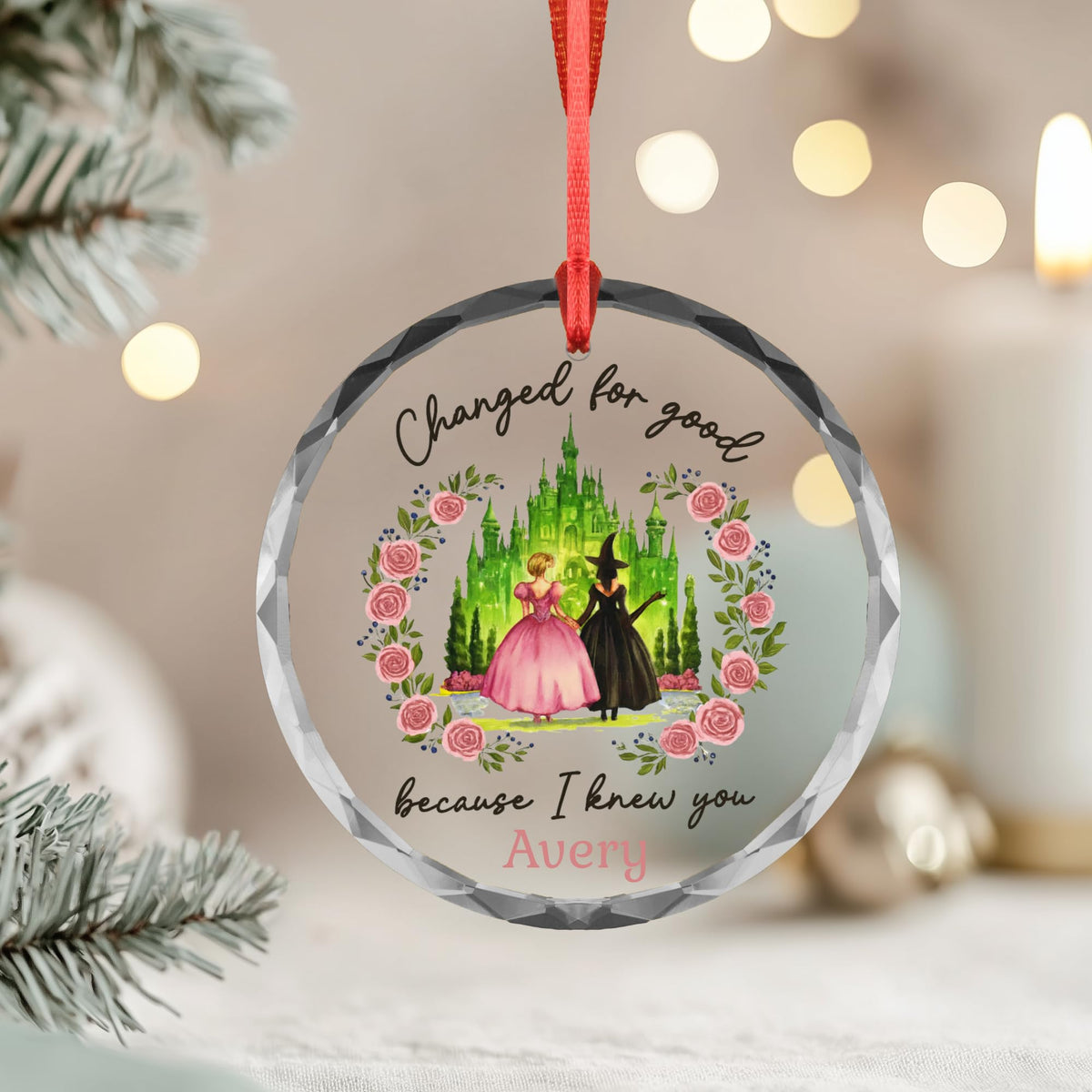 Wicked Christmas Glass Ornament, Elphaba Glinda Ornament, Change for Good, Friendship Broadway Wicked Musical (Ceramic 2 Side, 1)